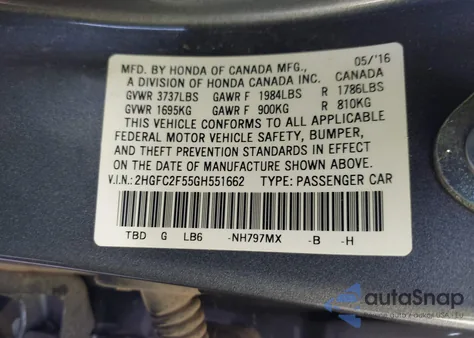 2016 Honda Civic Lx z USA, uszkodzony, nr VIN 2HGFC2F55GH551662